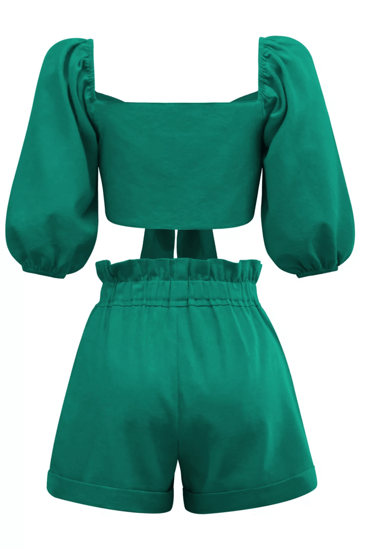 Linen Wrap Front Tie Puff Sleeve Shorts Sæt i Grøn
