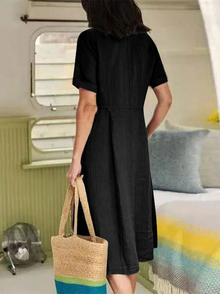 Linnen midi-jurk met V-hals, knoopsluiting en zak in zwart