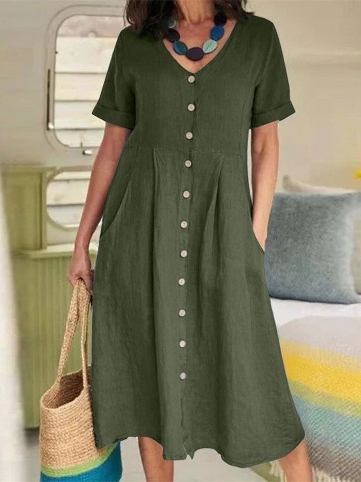 Lniana sukienka midi zapinana na guziki z dekoltem w szpic i kieszenią w kolorze wojskowej zieleni