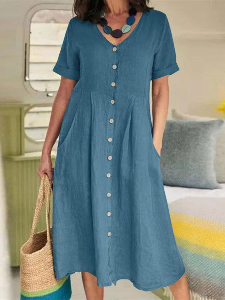 Linnen midi-jurk met V-hals, knoopsluiting en zak in hemelsblauw