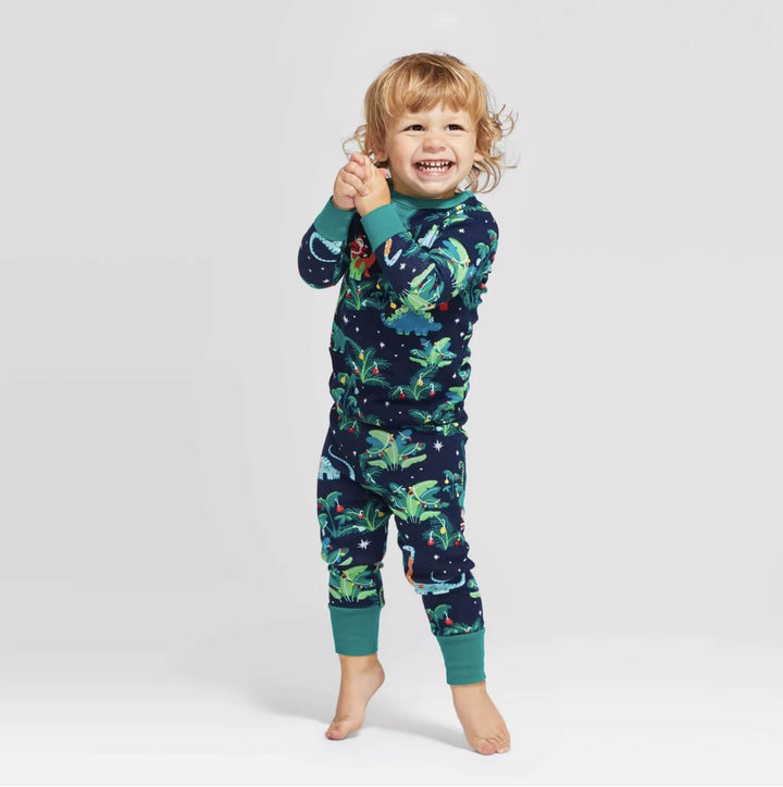 Świąteczne, wzorzyste, rodzinne komplety piżam z dinozaurami (z ubrankami dla psów)