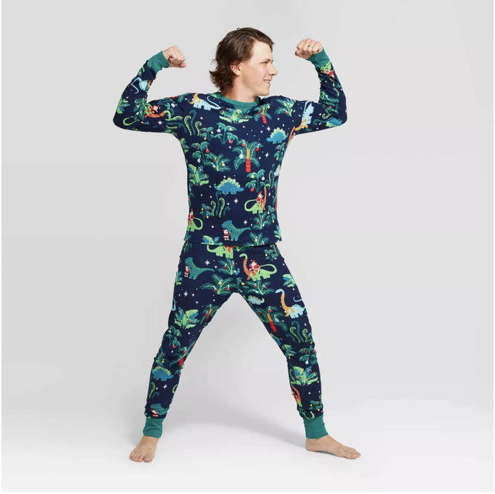 Conjuntos de pijamas combinando para a família com estampa de dinossauro de Natal (com roupas para cachorro de estimação)