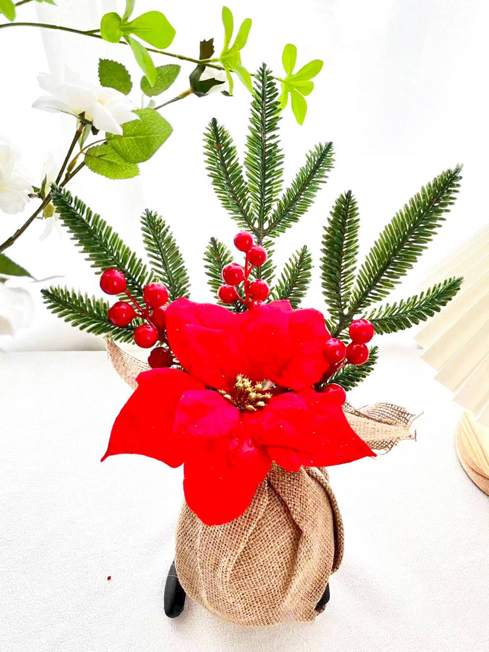 Wood Stump Red Berry Pine Cone Branches with Bow Christmas Tree Decoration