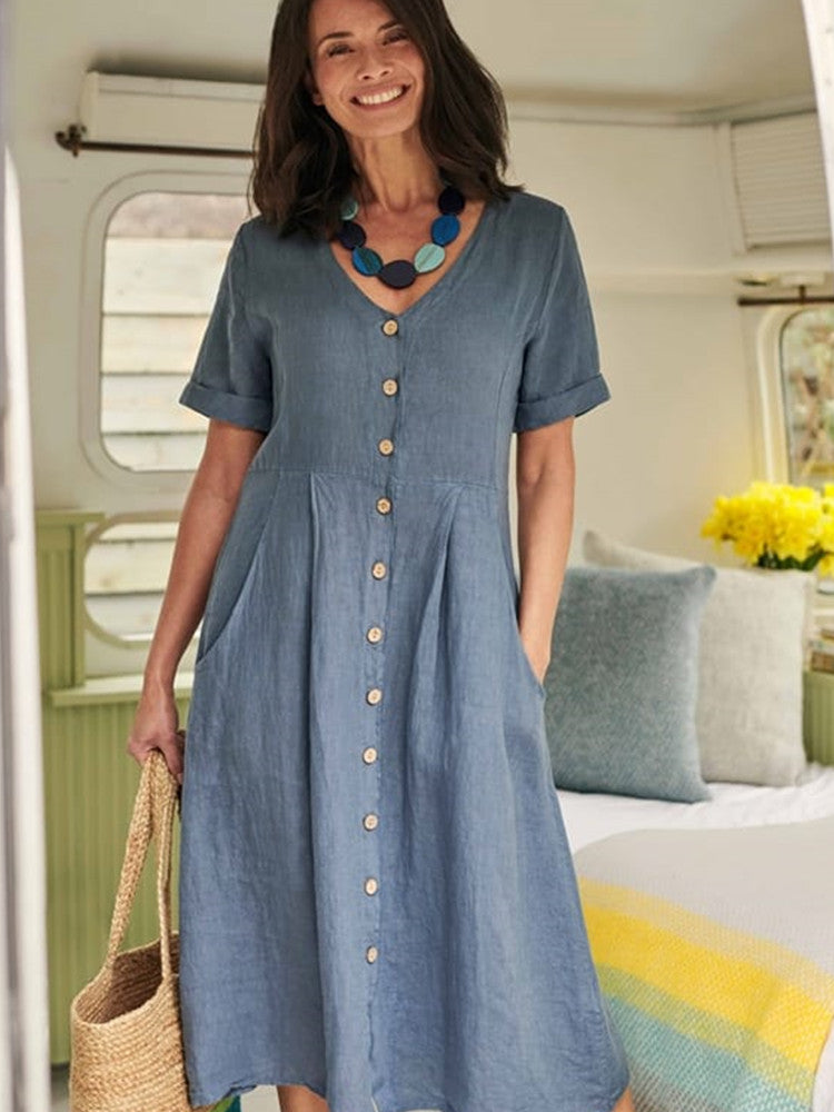 Linnen midi-jurk met knoopsluiting, V-hals en zak in denimblauw