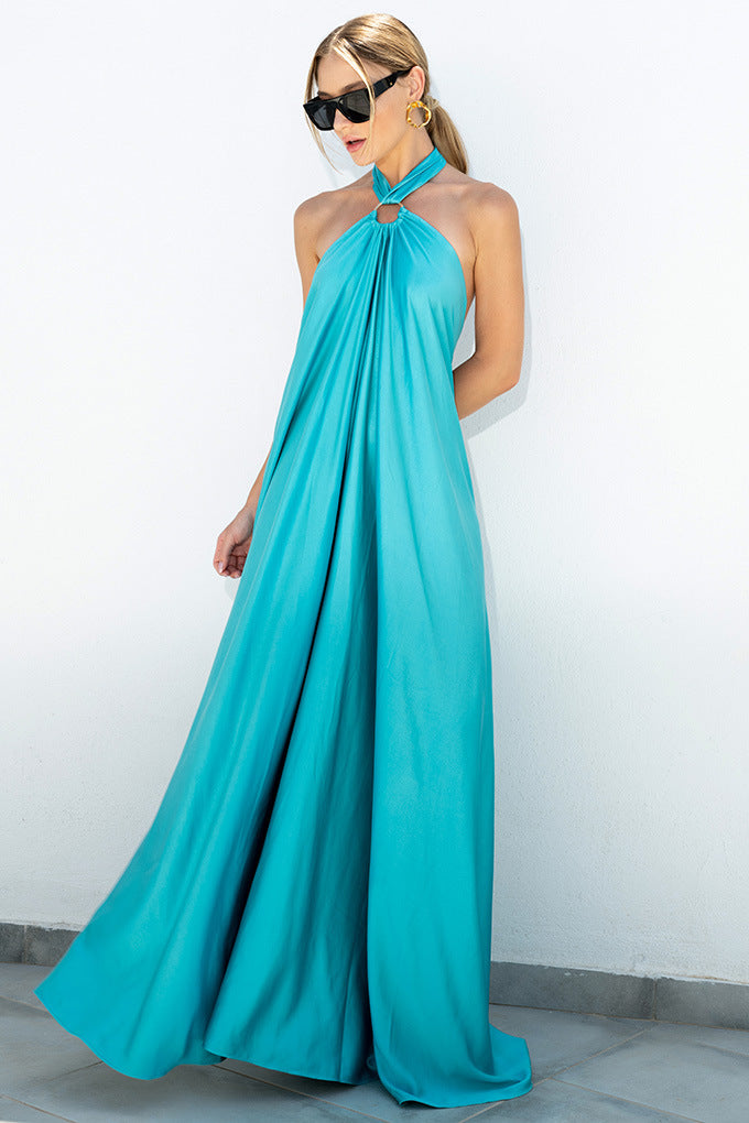 שמלת מקסי ארוכה אלגנטית סאטן: צווארון הלטר ללא גב