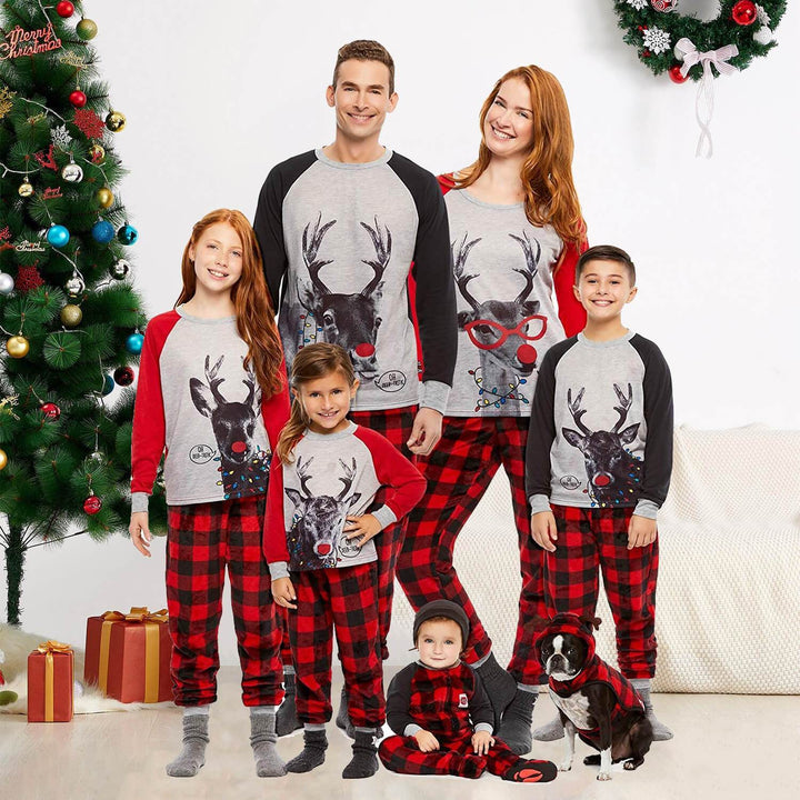 Sada vánočního pyžama s potiskem pléd s jelenem (s oblečky pro psy)