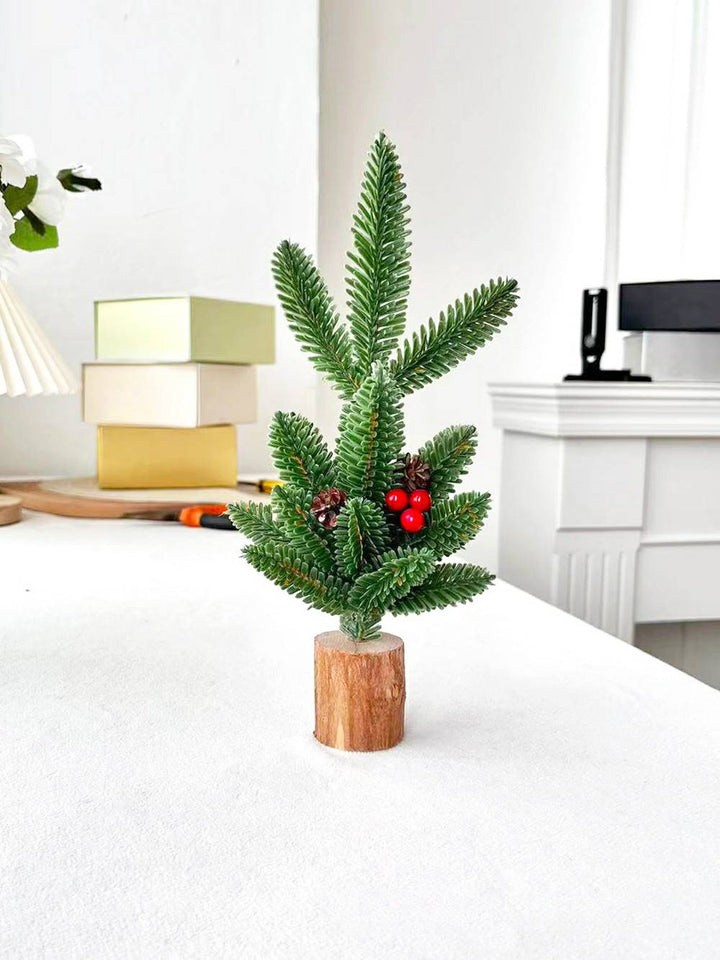 Ramas de cono de pino de bayas rojas de tocón de madera con decoración de árbol de Navidad con lazo