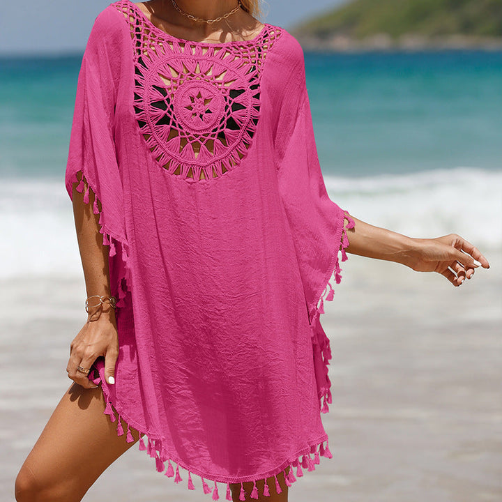 Blusa de praia de girassol com franja solta em crochê à mão