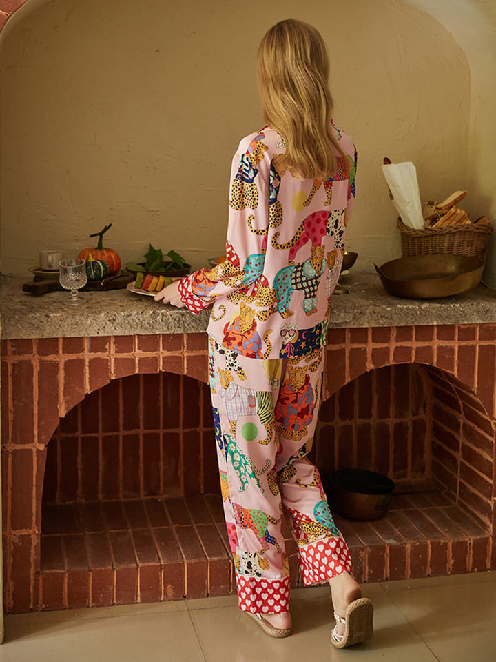 Dressing Zijden pyjamaset met luipaardprint