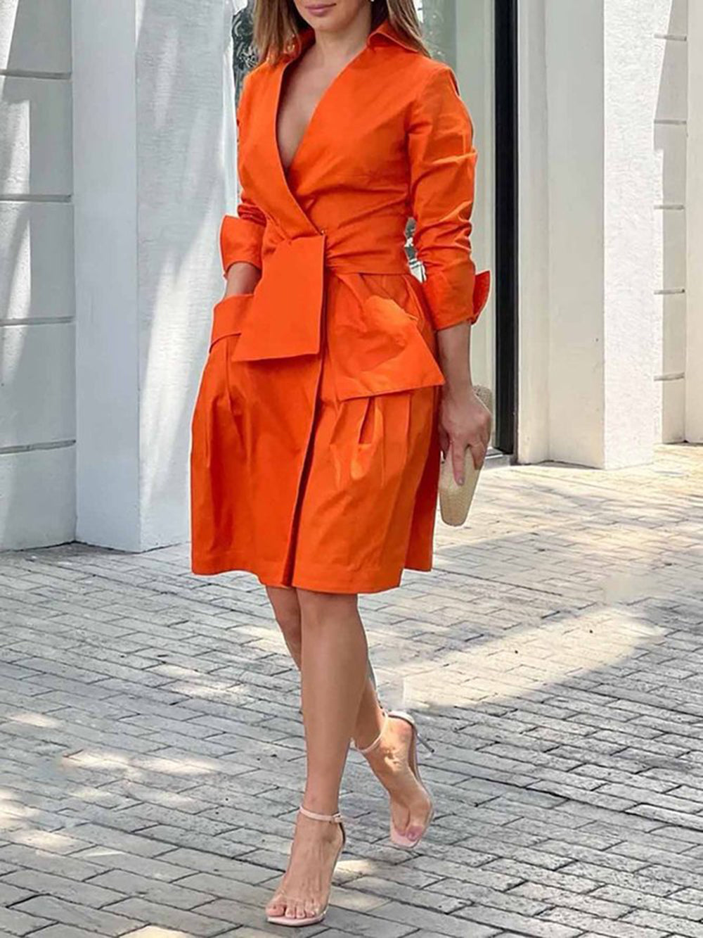 Pomarańczowa, drapowana bawełniana sukienka koszulowa