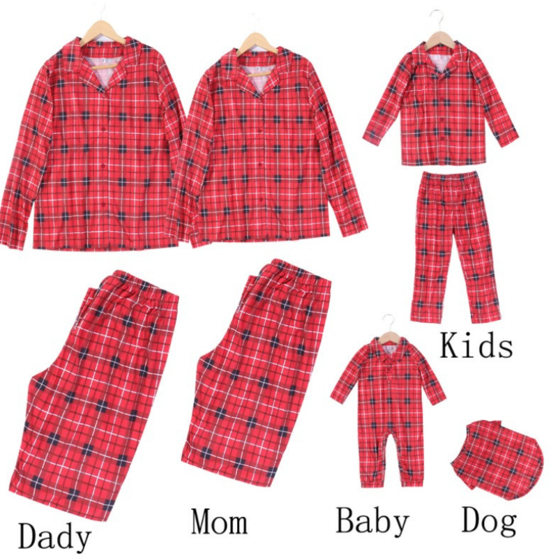 Vánoční červená kostkovaná košile s potiskem pro rodiče a děti (s oblečky pro psy)