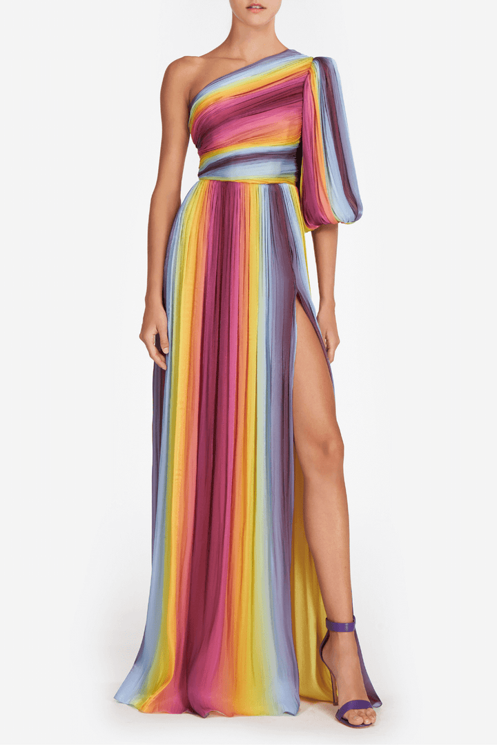 Vestido maxi com estampa arco-íris sem ombros
