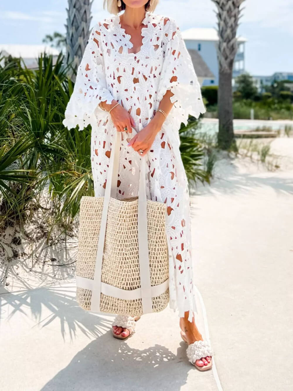 Blommig Eyelet Lace Cover Up Beach Midi-klänning