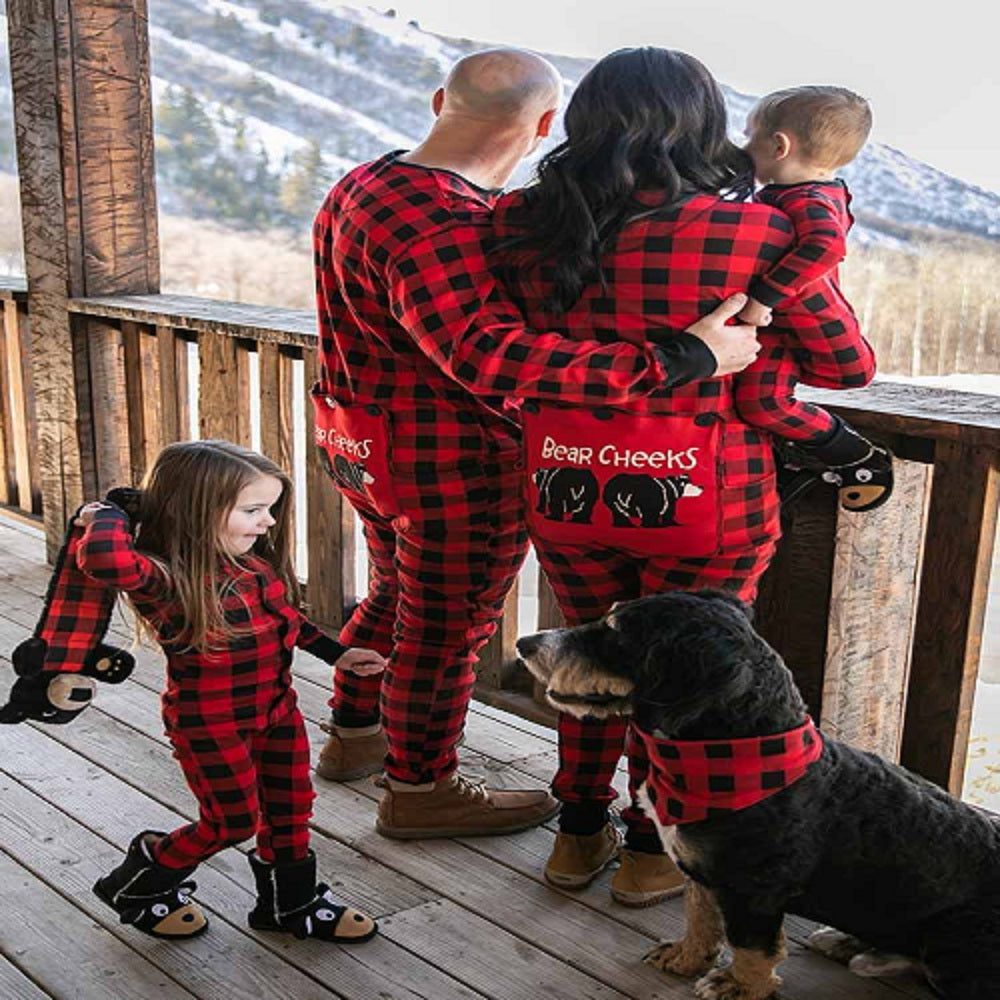 Sødt bjørnemønster plaid Onesies Jul Familie Matchende pyjamas sæt (med hundetøj)