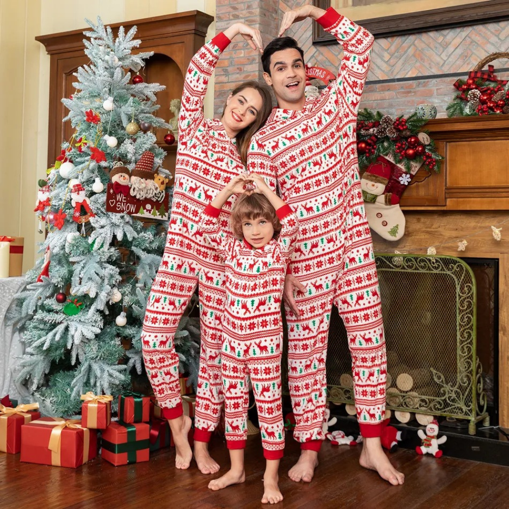 Pijama de uma peça com capuz e estampa de alce de Natal para pais e filhos combinando para a família