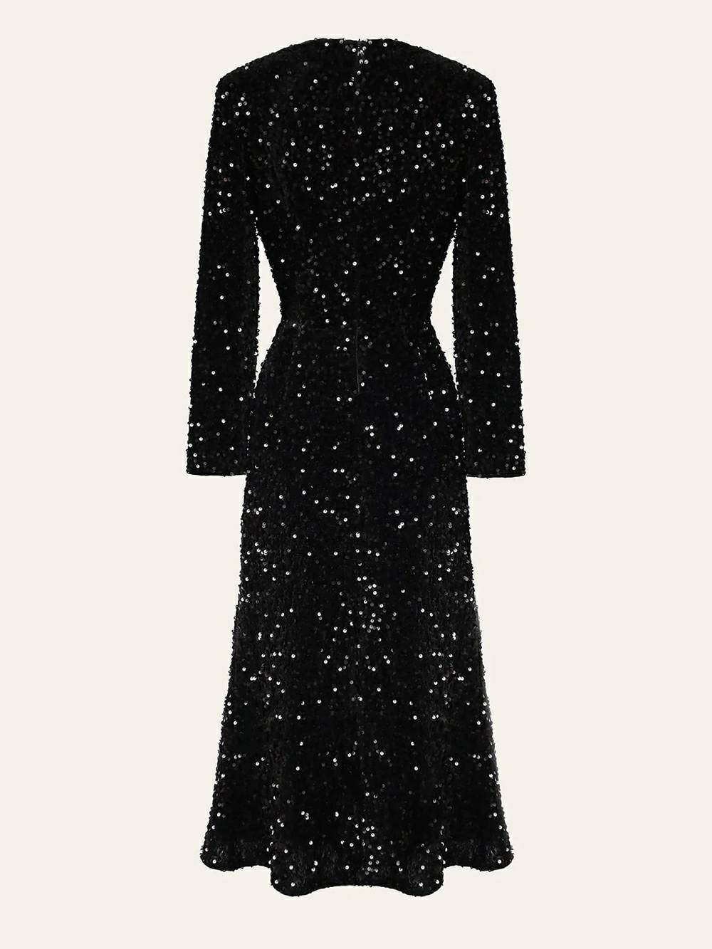 スパンコール装飾ベルベット ミディ ドレス ブラック