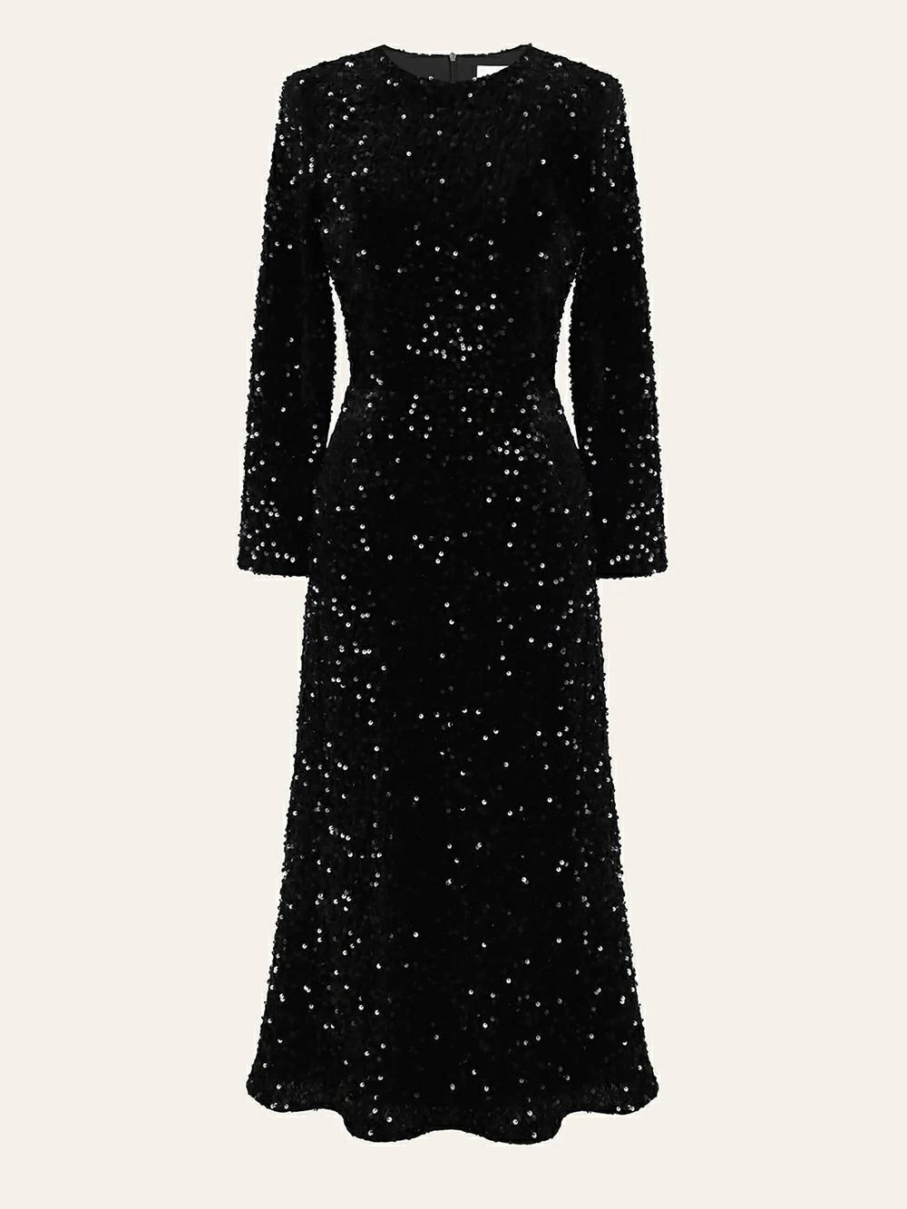Met pailletten versierde fluwelen midi-jurk in zwart