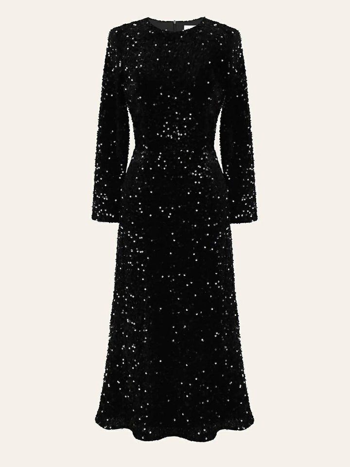 Met pailletten versierde fluwelen midi-jurk in zwart