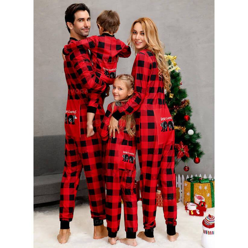 귀여운 곰 패턴 격자 무늬 Onesies 크리스마스 가족 매칭 잠옷 세트(애완견 옷 포함)