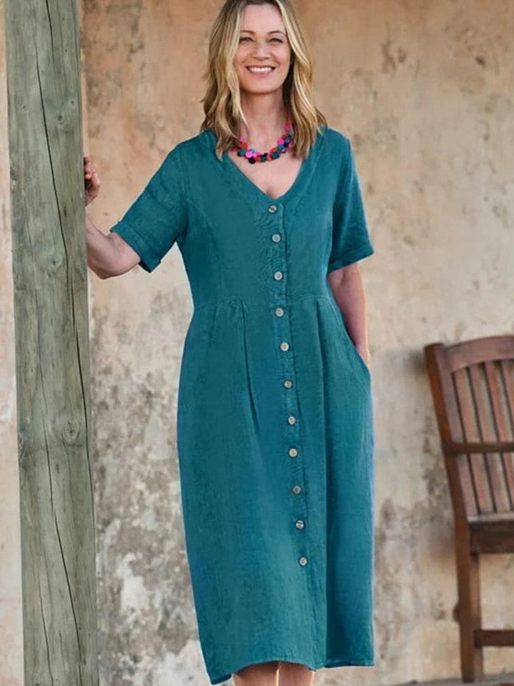 Linnen midi-jurk met knoopsluiting, V-hals en zak in maanlichtgroenblauw