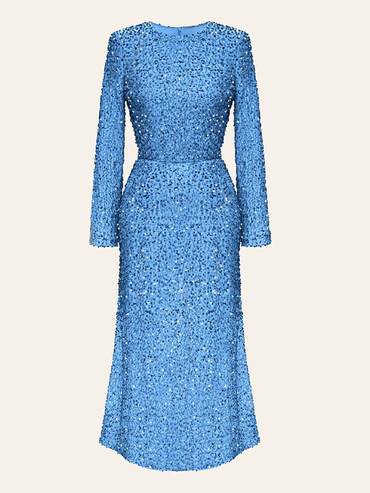 Aksamitna sukienka midi w kolorze niebieskim, ozdobiona cekinami
