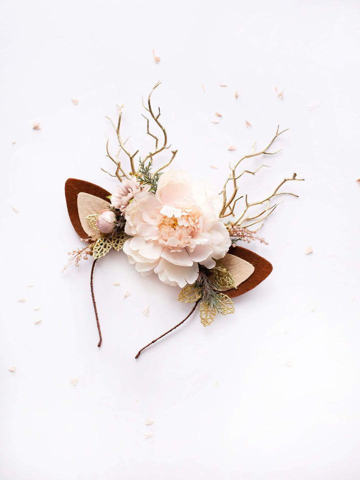 Świąteczna opaska na głowę w kształcie renifera - róż ogrodowy i złote liście