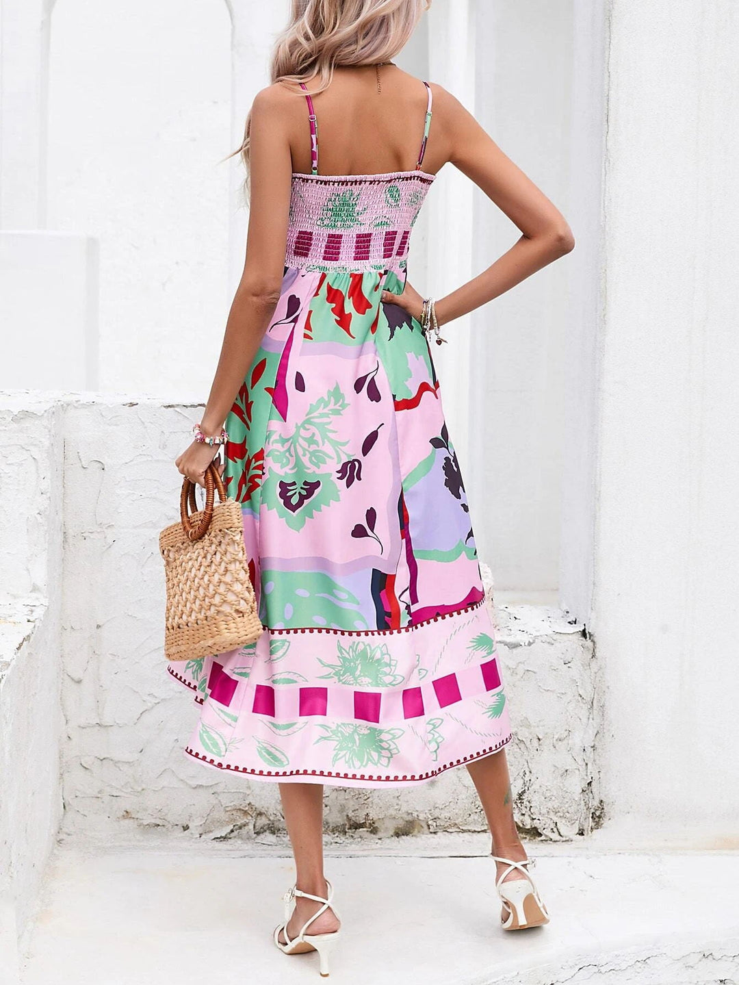 Patchwork Slip Maxi Dress: Abstrakt fargerikt trykt
