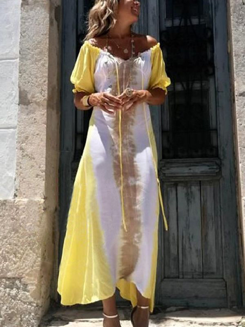 Robe longue jaune tie-dye à col en V et cordon de serrage