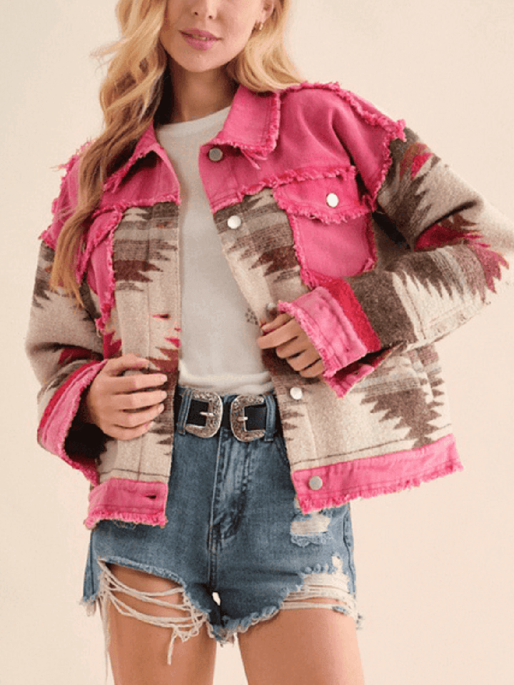 Dolly Cotton Frayed Aztec Denim Jacket