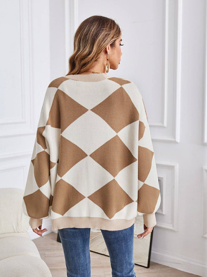 Cardigan en tricot à blocs de couleurs géométriques à col en V