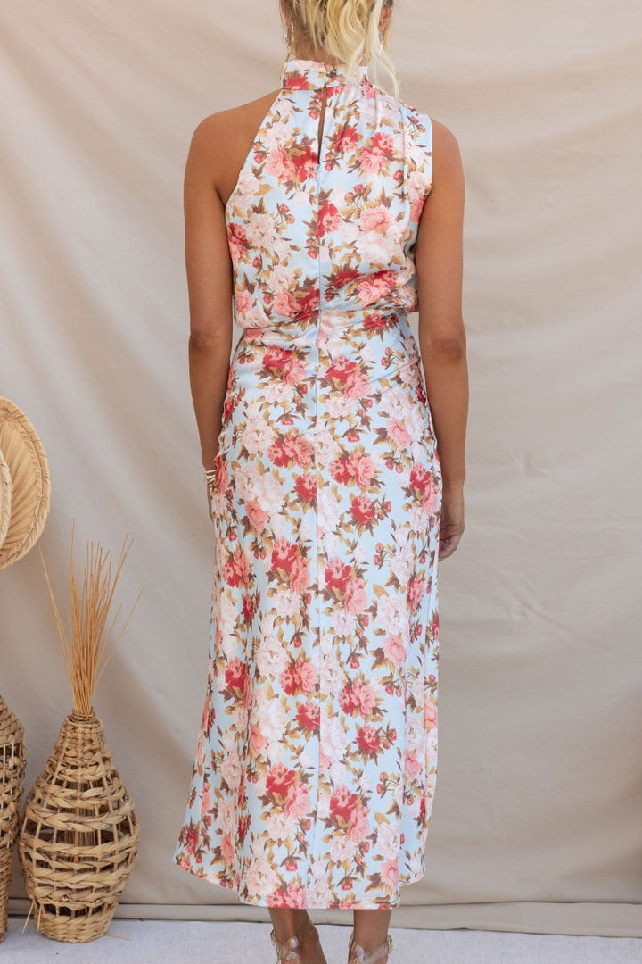 Víno Country Dates Květinové Maxi šaty s ohlávkou ke krku s elastickým pasem