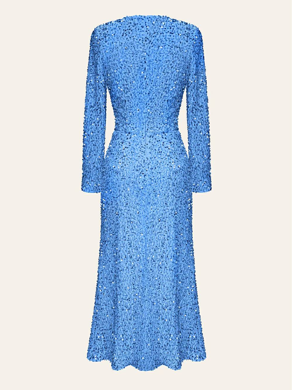 Flitrové zdobené sametové midi šaty v modré barvě