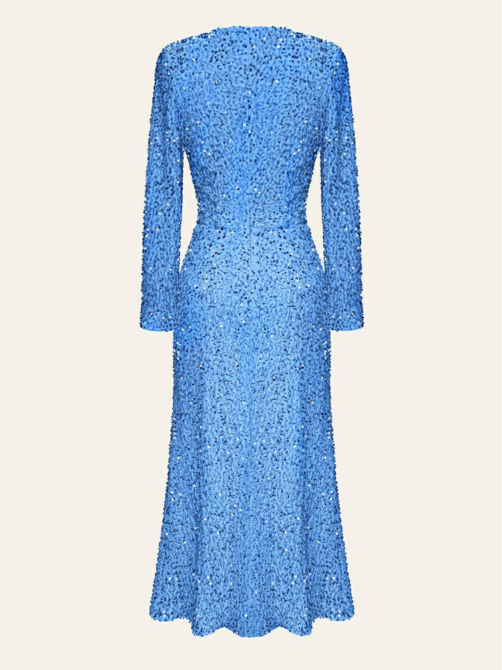 Aksamitna sukienka midi w kolorze niebieskim, ozdobiona cekinami