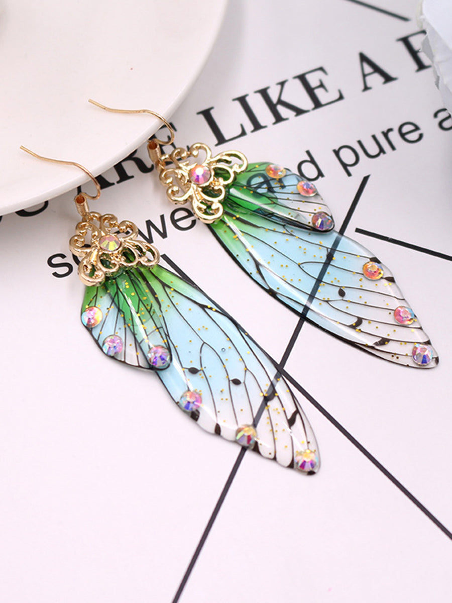 Křišťálové náušnice s motýlími křídly se zelenými drahokamy cikádovými křídly