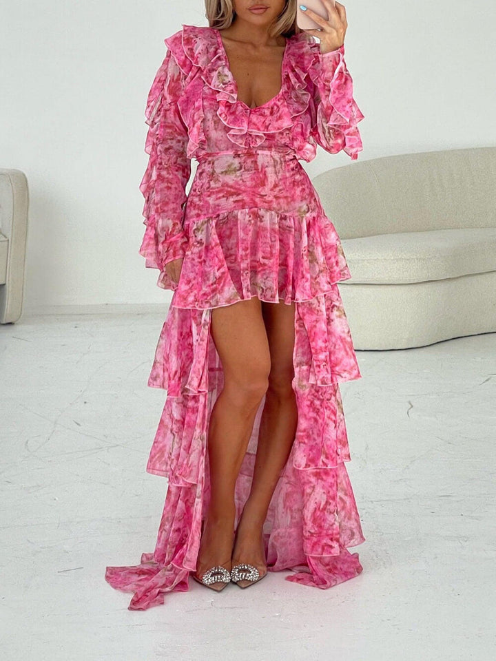 Vestido maxi Ophelia Chiffon com babados em rosa