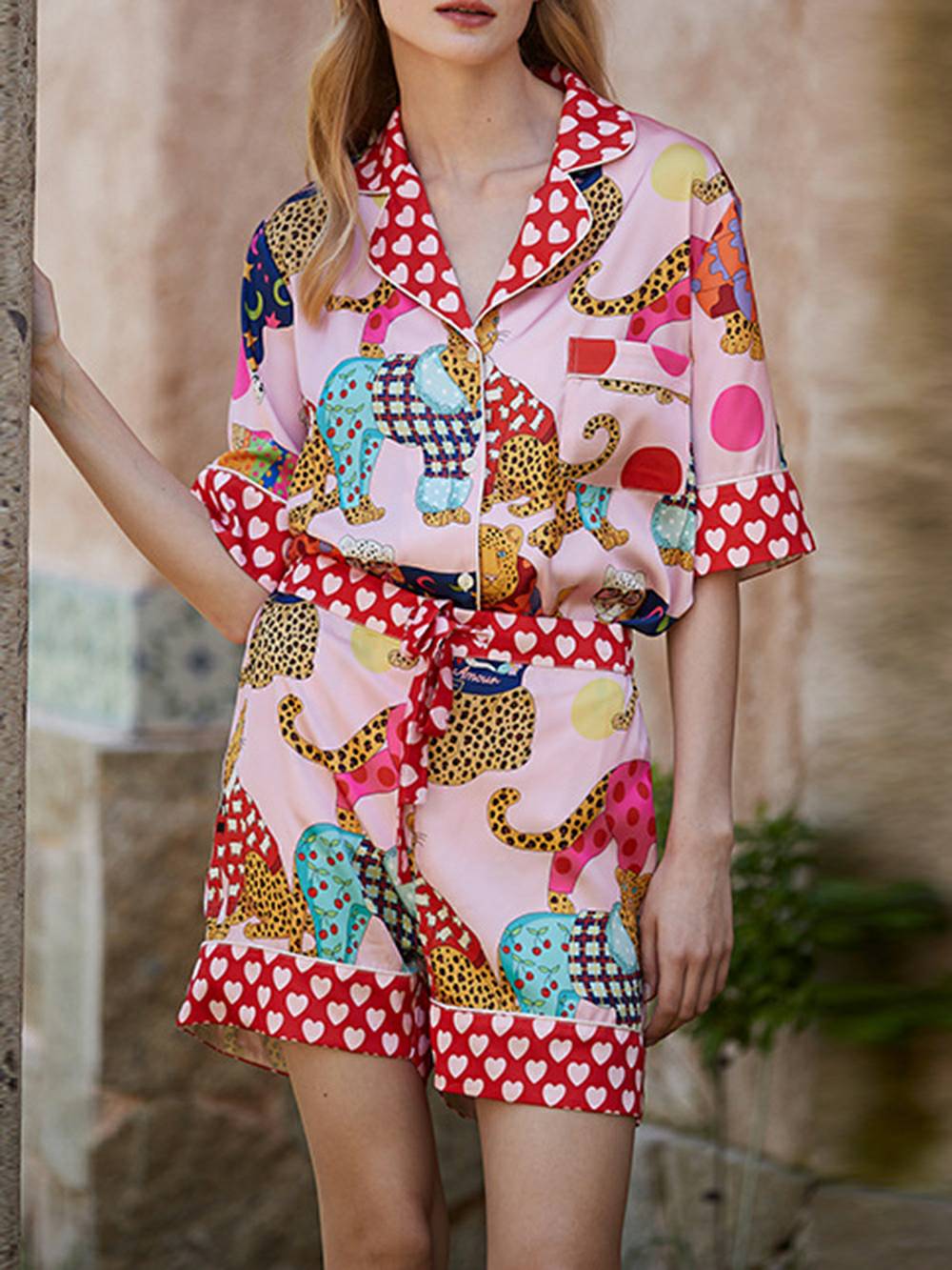 Dressing-Pyjama-Set aus Seide mit Leopardenmuster