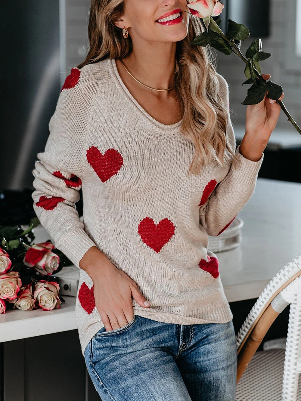 Suéter de punto con cuello en V para el día de San Valentín