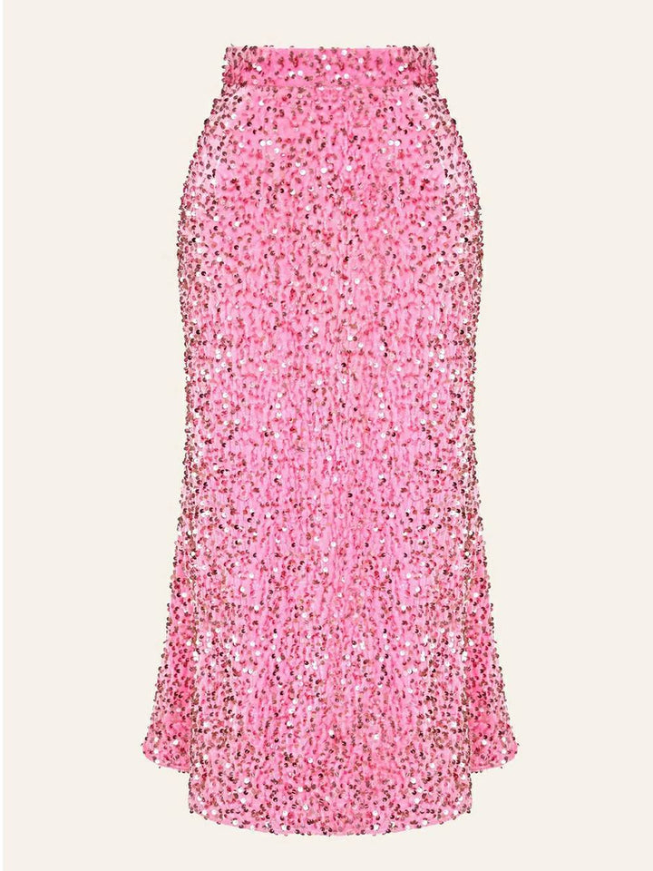 Βελούδινη φούστα διακοσμημένη με παγιέτες σε ροζ χρώμα
