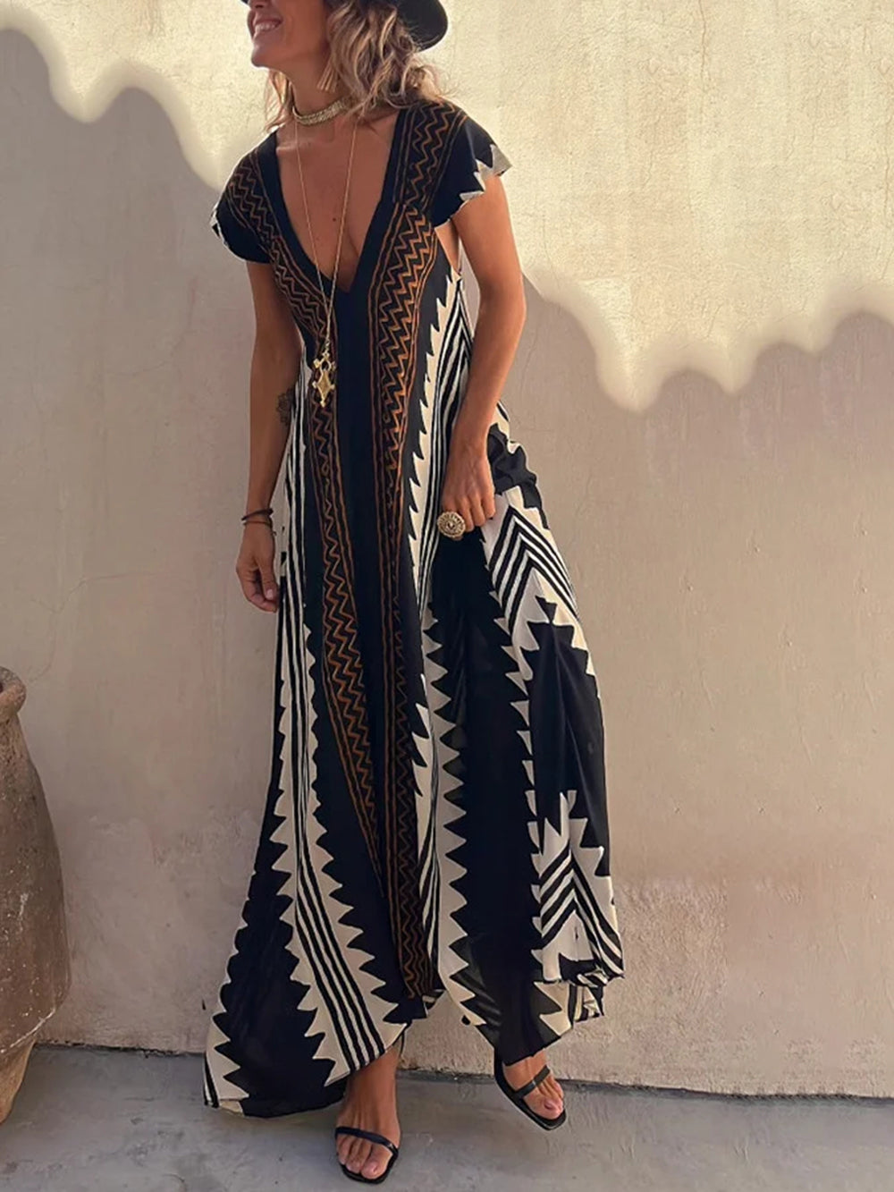 Vestido maxi com estampa asteca boêmia Shannon