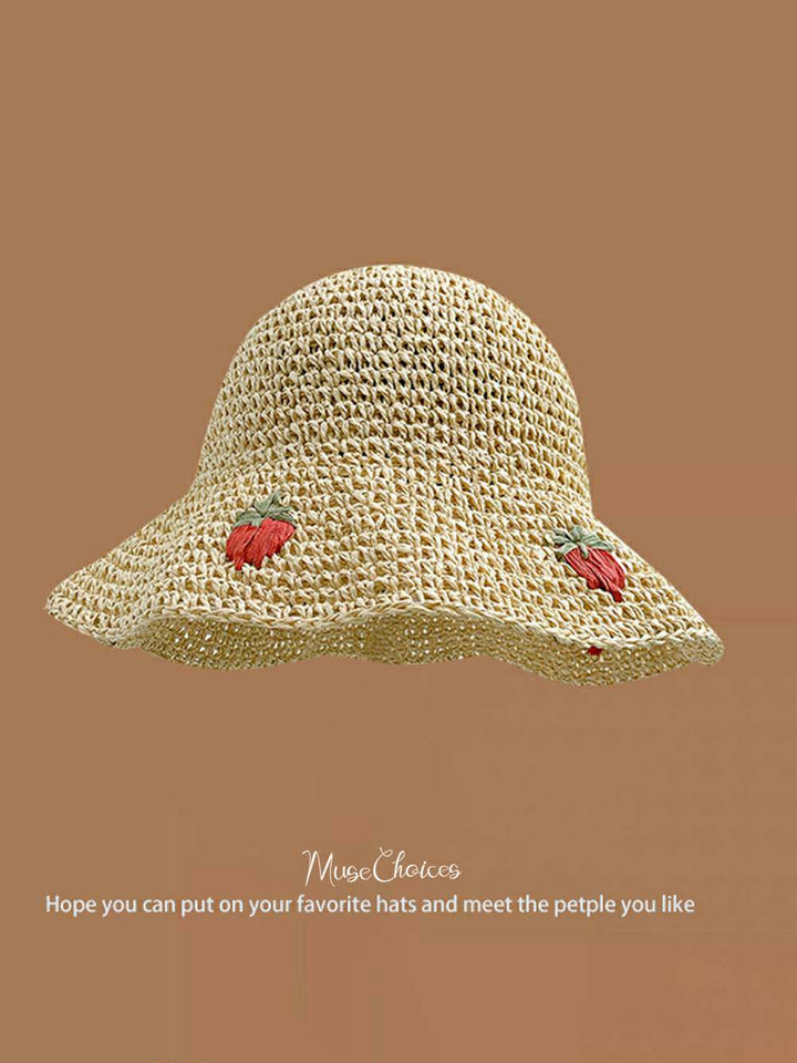 Chapéu de sol de praia de morango grande de ráfia tecido