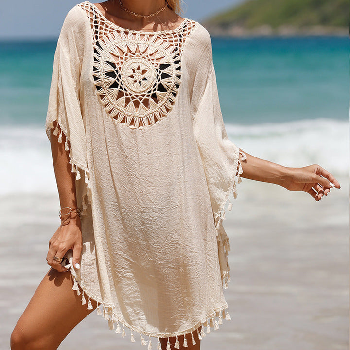 Blusa de praia de girassol com franja solta em crochê à mão