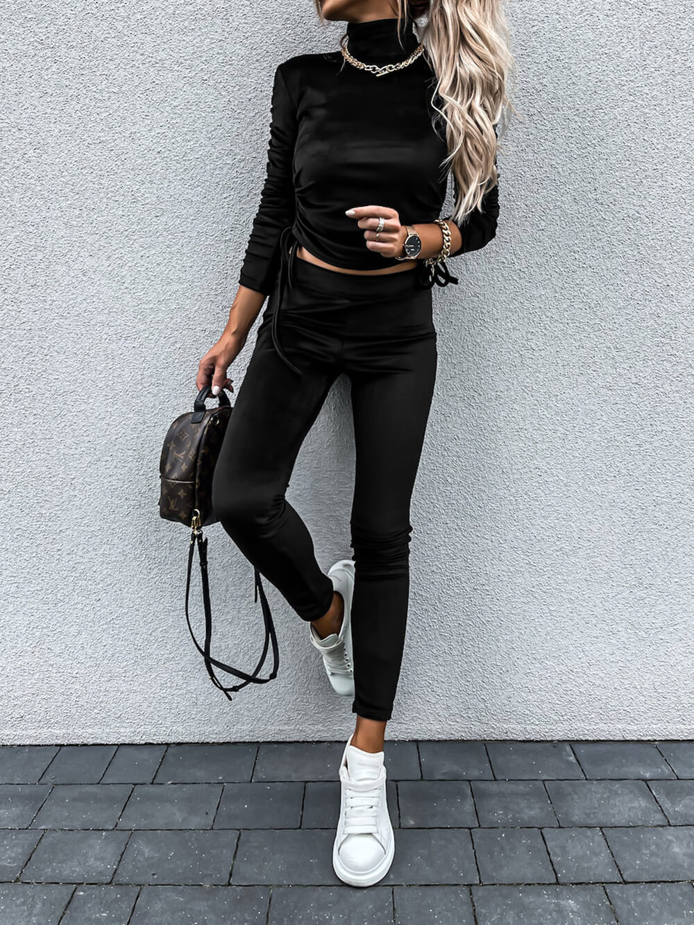 Casual Daily Solid Draw String Fold Turtleneck Long Sleeve Zwee Stécker