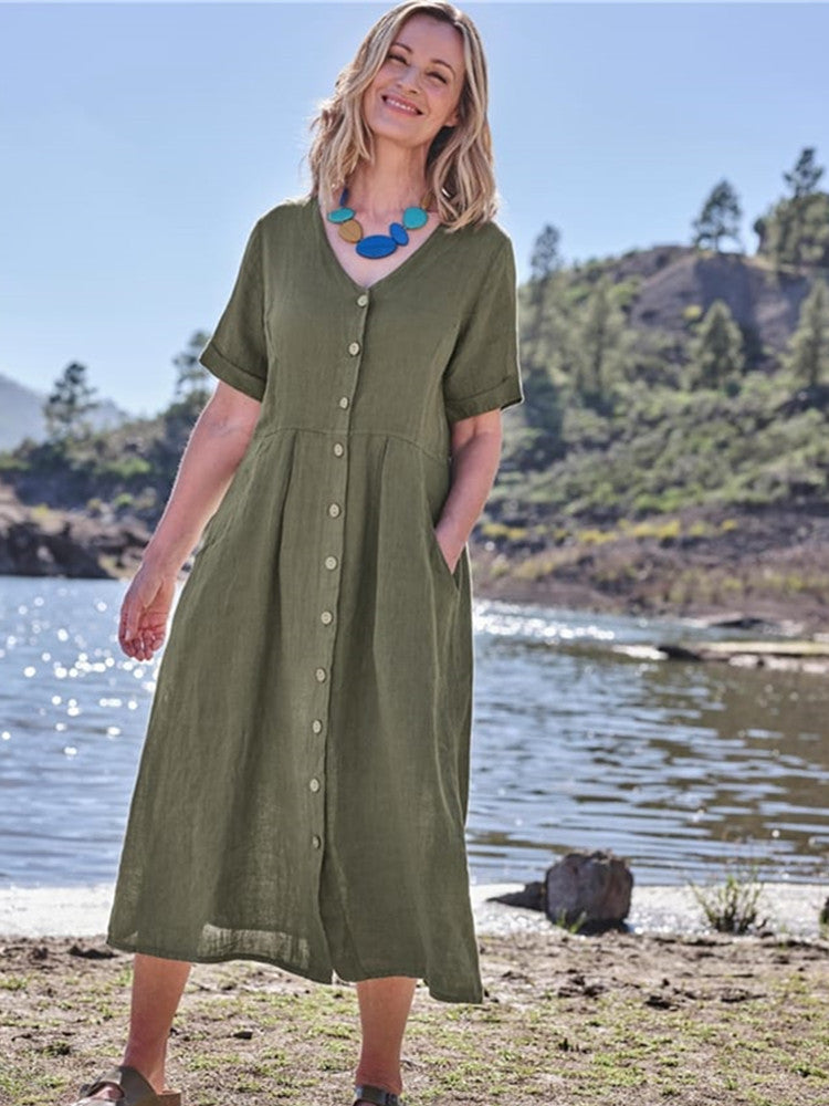 V-hals, knapp-ned midi-kjole i lin med lomme i kakigrønn