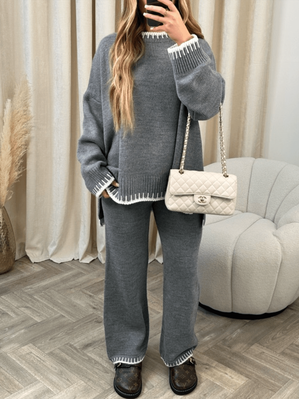 Blanket Stitch Trim Knitted Jumper And Trousers