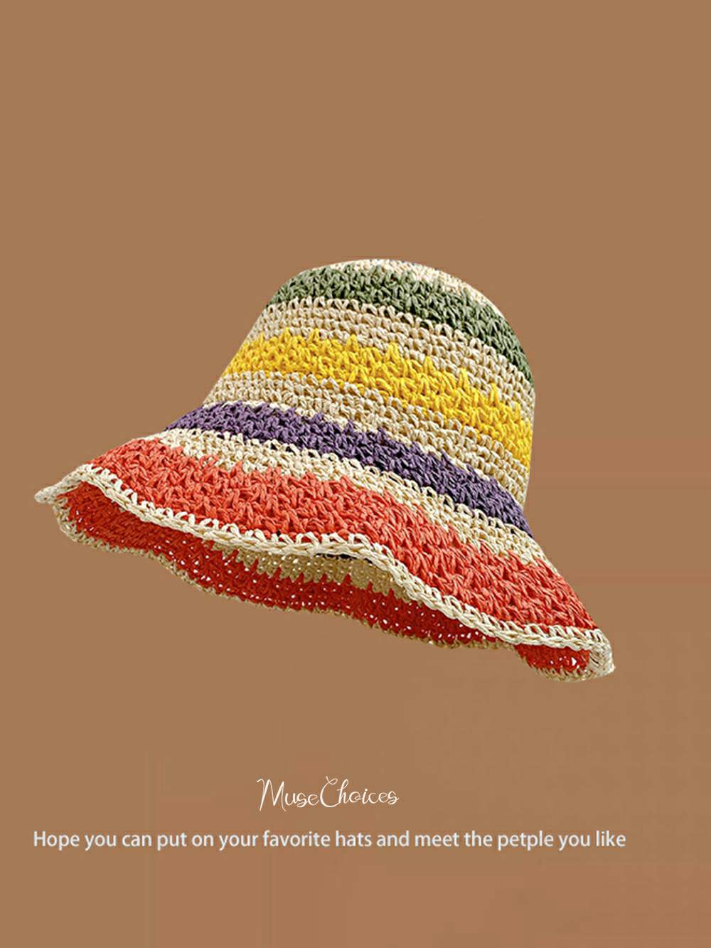 Chapéu de sol casual listrado arco-íris bege tecido à mão