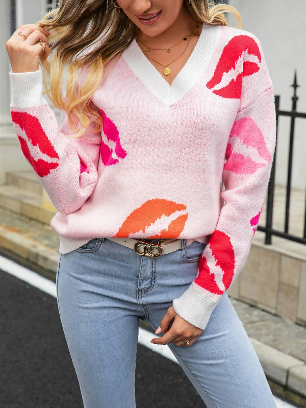 Lips of Love  V-Neck Knit Pullover Sweater