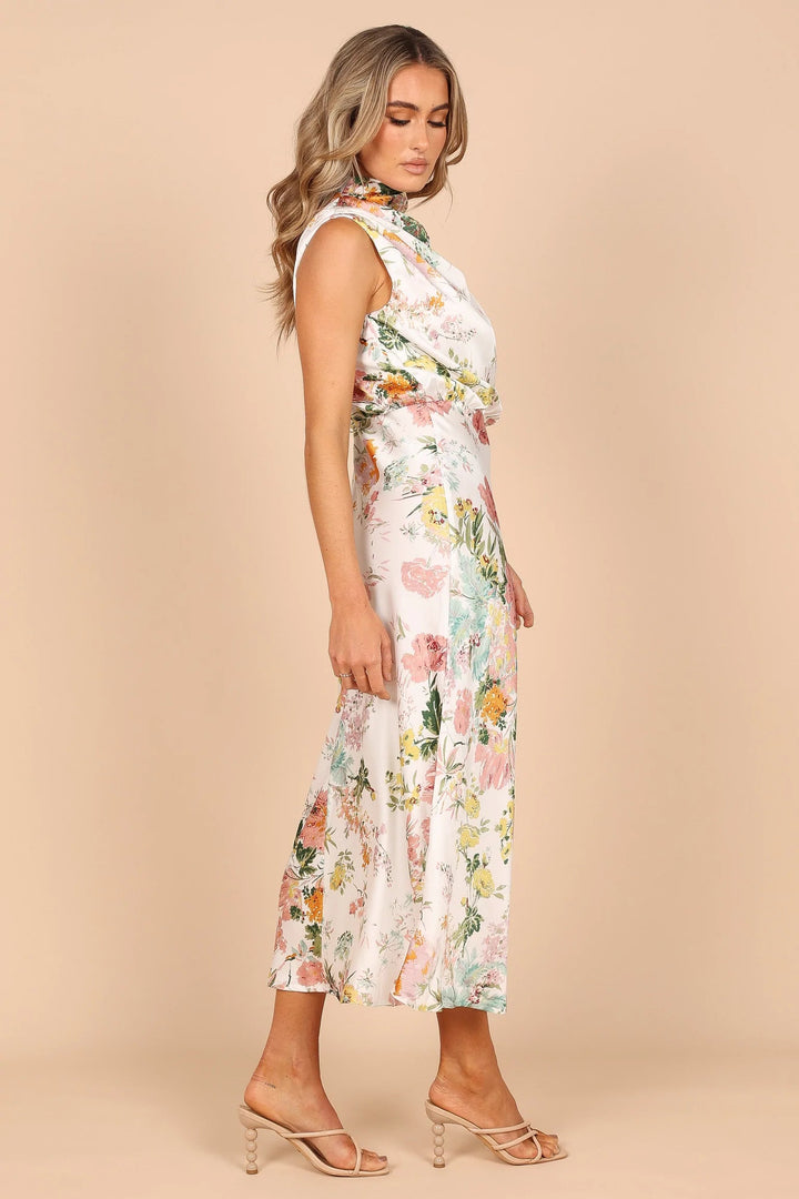 Sukienka maxi z motywem wina Country Dates z kwiatowym dekoltem i wiązaniem na szyi, z elastyczną talią
