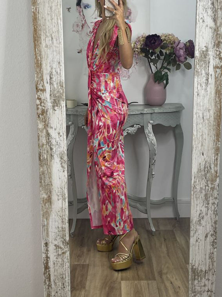 Tie-Dye Deep V Ruched Knotted Maxi Kleed