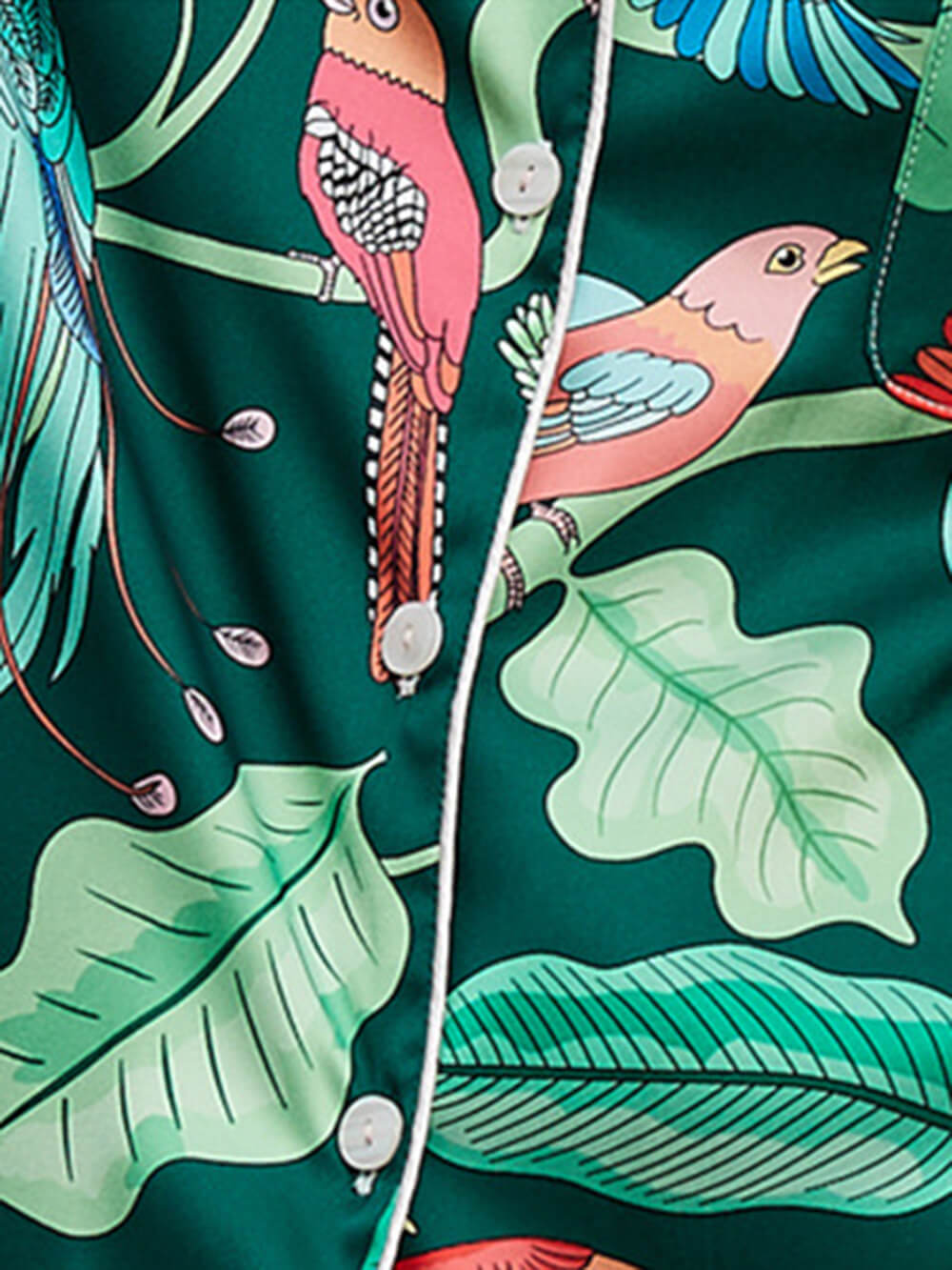 Conjunto de pijama de seda com estampa de papagaio verde