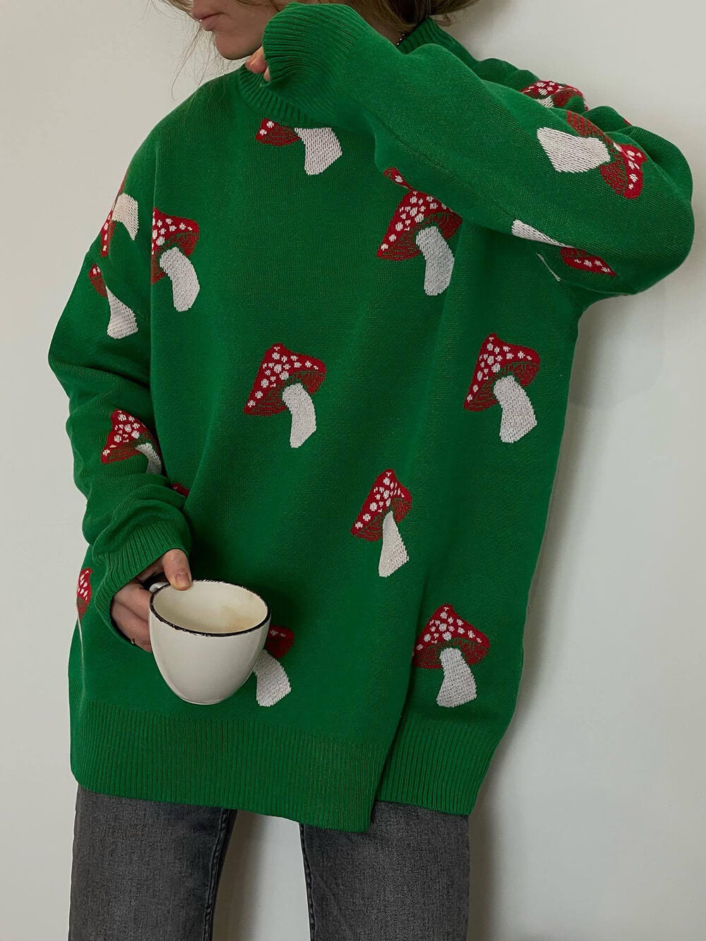 Suéter pulôver contrastante com padrão de cogumelo